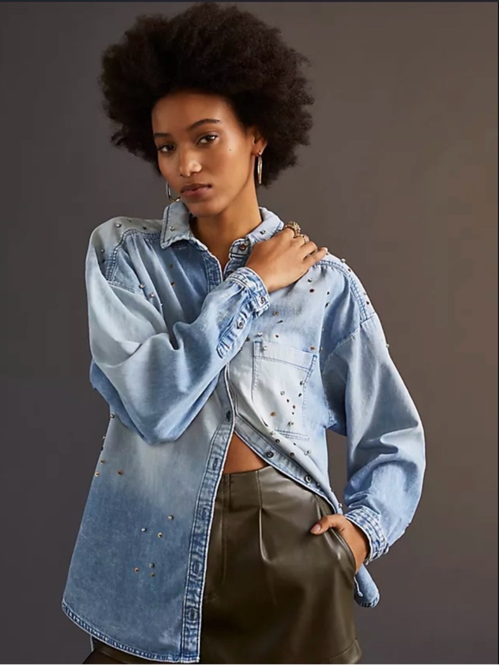 Anthropologie Pilcro Studded Denim Button Down Shirt S Blue Cotton Oversized
